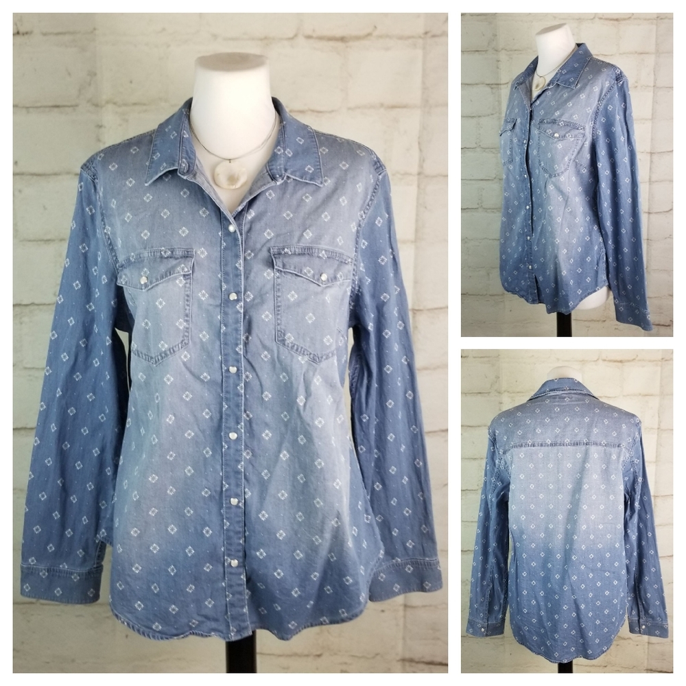 Tahari L Pearl Snap Printed Faded Chambray Jean Shirt Cotton Stretch